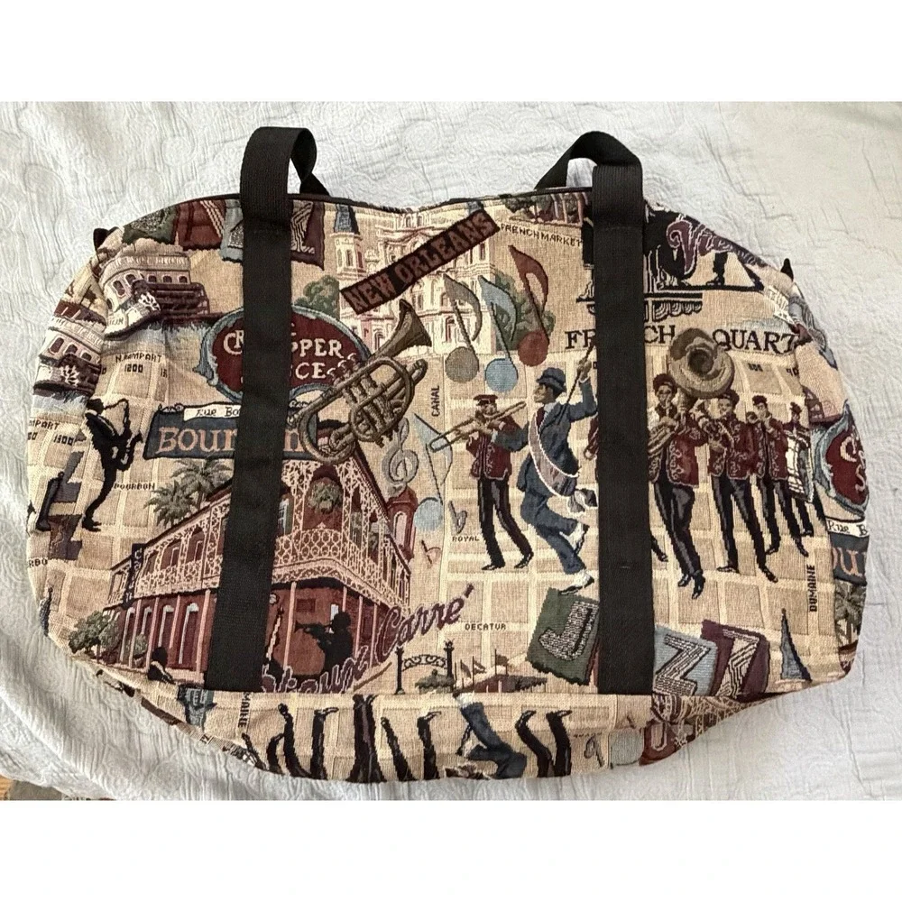 Vintage Tapestry Duffel Bag New Orleans Jazz Motif Overnight Weekender USA 90s